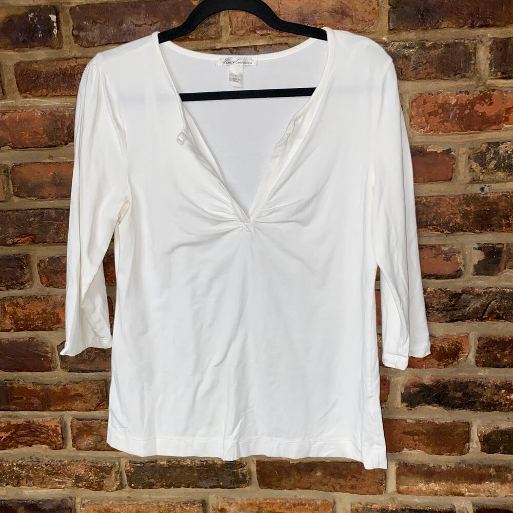 Kenneth Cole Y2k White 3/4 Sleeve Split V-Neck Blouse Women's Size Large